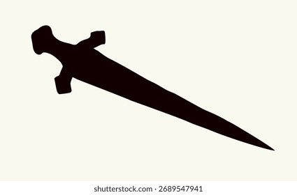 Nahaufnahme großen kurzen klassischen dekorativen Vergangenheit goldenen gotischen Dirk Werkzeug weißen Textraum. Nahaufnahme schwarze Linie handgezeichnet schweren Messing Schild Logo Emblem Insignia Doodle Umriss Congrave Art Stil