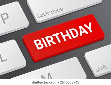 Close up Birthday Button on Laptop or Computer Keyboard with White Text for Celebration Event and Digital Interface Concept 3D Illustration