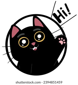 A close up of a black cat greeting "hi"with yellow eyes inside a circle. This asset is suitable for Halloween-themed designs, spooky illustrations, pet-related content, and creepy seasonal promotions.