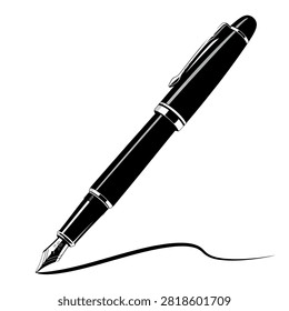 Close up of a black fountain pen with silver accents writing on white surface. Symbolizes elegant writing, signature, business, and artistic expression.