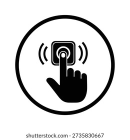 Close up of a black icon representing a finger pressing a button with sound waves radiating outwards