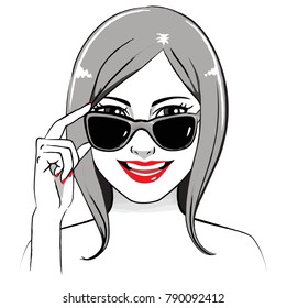Close up black and white illustration of stylish young woman holding sunglasses smiling with red lips