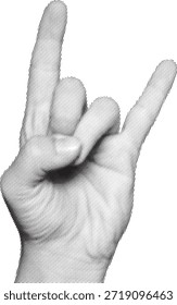Close up black and white image of a human hand making the iconic rock and roll gesture signaling excitement.