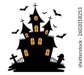 A Close up of a Black and White Silhouette of a House With Bats Flying Around.