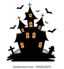 A Close up of a Black and White Silhouette of a House With Bats Flying Around.