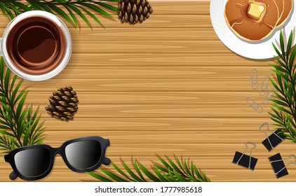 Close up blank desk background with pancake and some leaves props illustration