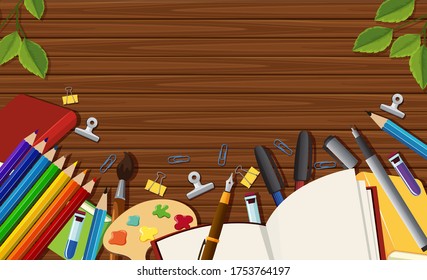 Cerrar el fondo del escritorio en blanco con la ilustración de los accesorios estantionarios