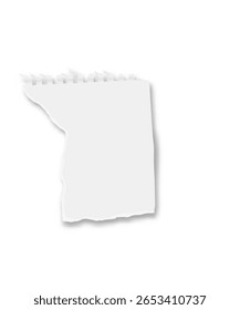Close up of a blank white sheet of torn notebook paper, creating a textured and minimalist backdrop against a clean white background, perfect for displaying messages or designs