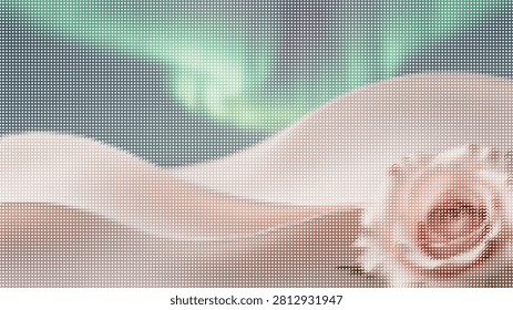 Close up blooming pink rose flower combined with green aurora northern lights effect and halftone pattern overlay.