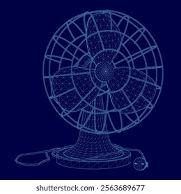 Close up of a blue fan with a cord hanging off of it. The fan is placed in a blue background. The fan is a modern design, with a sleek and minimalist appearance. The cord is thin and blue