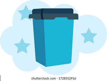 Close Blue Waste Container Vector Flat Icon Concept, Plastic Trash Bin Design, Living room Dust Bin on Bubble Sud Background