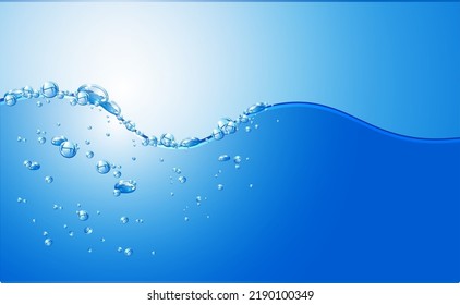 Close up blue water splash with bubbles on light blue background.Vector illustration