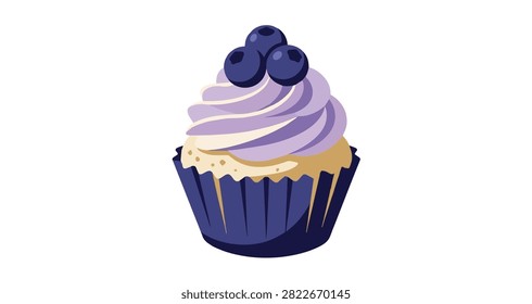 close up of blueberry cupcake with smooth purple frosting blueberries on top in blue cupcake liner isolated on white