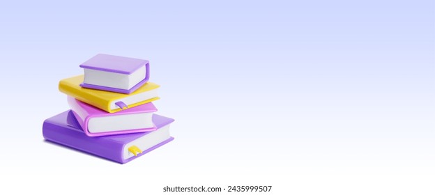 Close book stack on pastel purple background with empty space for text. Realistic 3d vector illustration of literature pile for reading and education concept. Textbook publication.