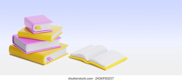 Close book stack with open one on pastel purple background with empty space for text. Realistic 3d vector illustration of literature pile for reading and education concept. Textbook publication.