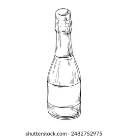 A close bottle with champagne, a wrapper and an empty white label. Line art is a simple hand-drawn illustration in black and white ink. Isolated vector EPS object.