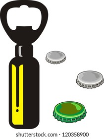 close up of bottle opener and cap on white background