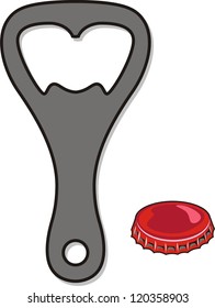 close up of bottle opener and cap on white background