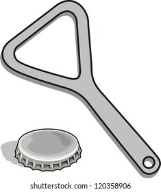 close up of bottle opener and cap on white background
