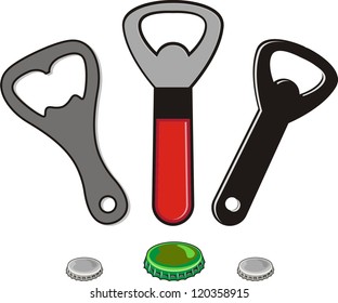 close up of bottle opener and cap on white background