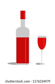Close up bottle red wine  and glass on white background