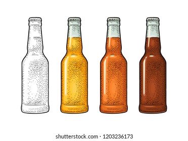 Close bottle with three different types beer - light, red and porter. Vintage color and monochrome vector engraving illustration. Isolated on white background. Hand drawn design element for poster