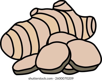 A close up of a bunch of ginger root slices. The slices are cut into small pieces and arranged in a pile. Concept of freshness and naturalness, as the ginger root is a common ingredient in many dishes
