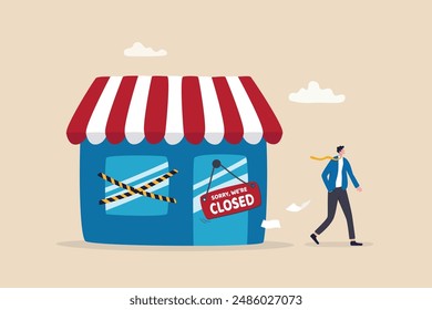 Close business, decision to stop operate company, office closing down out of business, store, end business signboard problem or recession concept, businessman walk away from closed company office.