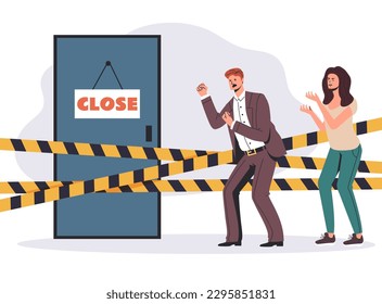 Close business office door barrier cross yellow tape concept. Vector graphic design illustration
