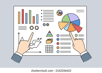 Close up of businessman and analyst hands point at graph and charts on board. Banker analyze growth and falls. Concept of analytical data and accounting. Finances and statistics. Vector illustration. 