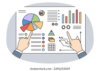 Close up of businessman and analyst hands point at graph and charts on board. Banker analyze growth and falls. Concept of analytical data and accounting. Finances and statistics. Vector illustration.