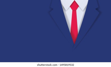 Close up of businessman blue suit and red necktie with copy space, Paper art cut and craft style background, Vector illustration