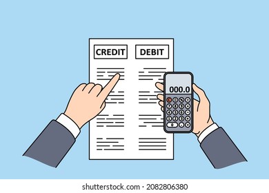 Close up of businessman busy calculating expenses and profits with calculator machine in office. Male accountant check expenditures manage budget. Finance and banking. Vector illustration.