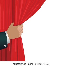 Close Up Of Businessman Hand Open Red Velvet Curtain. Place Your Text