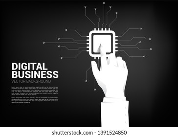 Close up businessman hand touch CPU processor. Concept for Technology and Digital Business