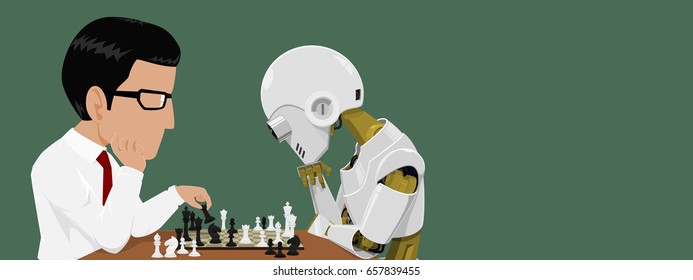 Close up of Businessman and robot are playing chess
