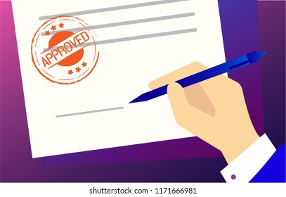 Close up Businessman in suit put sign signature with hand on document Purple blue background. Approved stamp round grunge on document or agreement, approving sign mark success in business deal. 