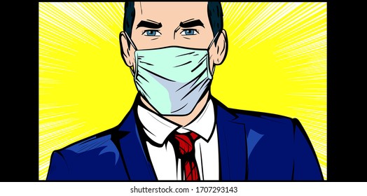 Close up of Businessman in a suit Wearing Face Mask -Coronavirus prevention. Financial support for businesses during COVID-19 idea. Pop Art retro comic book cartoon drawing vector illustration vintage