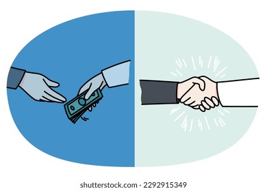 Close up of businesspeople shake hands and give money. Employees handshake close deal exchange currency. Concept of corruption and bribery. Flat vector illustration.