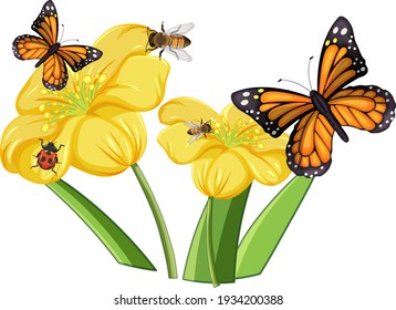 Close up of butterfly with flowers isolated illustration