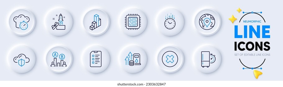 Close button, Cooking timer and Cloud protection line icons for web app. Pack of Ab testing, Cpu processor, Pin pictogram icons. Innovation, Fuel price, Checklist signs. Time. Vector