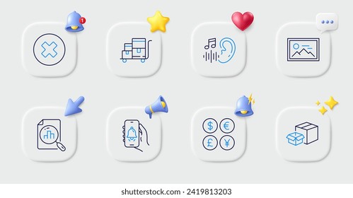 Close button, Inventory cart and Packing boxes line icons. Buttons with 3d bell, chat speech, cursor. Pack of Bell alert, Hearing, Money currency icon. Photo, Analytics graph pictogram. Vector