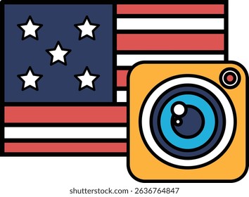 A close up of a camera with a red, white and blue American flag in the background. The camera is positioned to look at the stars on the flag