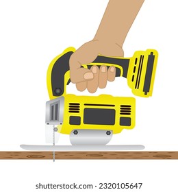 Close up Carpenter is sawing a plywood sheet with jigsaw machine. style cartoon Side view. Vector illustration EPS 10.