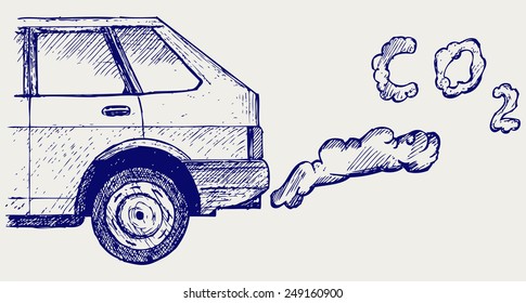 Close up of a car's fumes emissions in the traffic jam. Doodle style