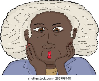 Close up cartoon of amazed mature Black female