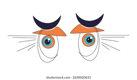 Close up of cartoon character eyes with expressive eyebrows and lashes showcasing curiosity or surprise animation elements