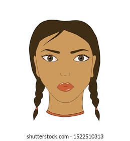 Close up for the cartoon face of a beautiful young brown haired woman with big red sensual lips isolated on white background. Art. A head of a girl with two braids.