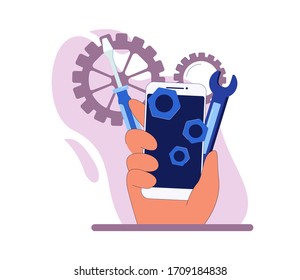 Close up cartoon human hand hold smartphone surrounded by mechanism and tools vector flat illustration. Technician men working with electronics isolated on white. Mobile phone repair service