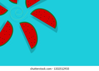 Close up cartoon watermelon in sun shape with shadow, blue summer background concept and copy space.